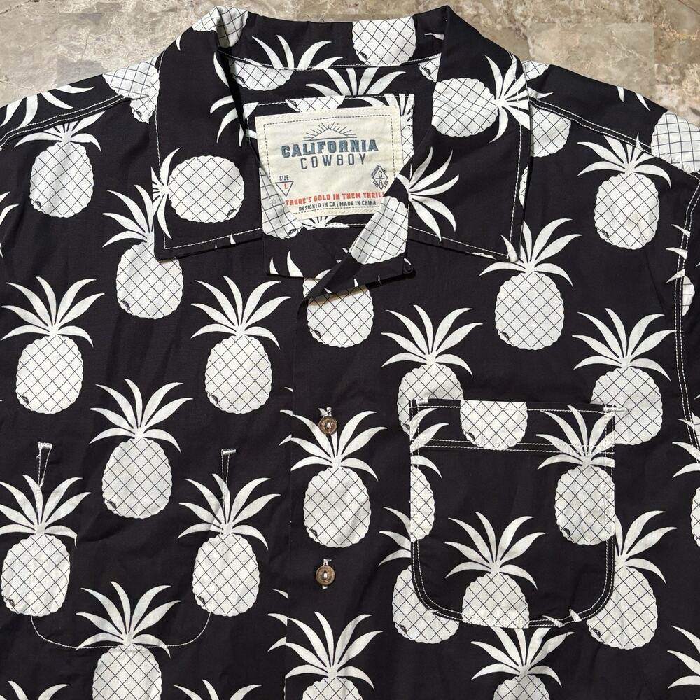 California Cowboy Shirt Mens Large Black Hawaiian Camp Loop Collar Cotton